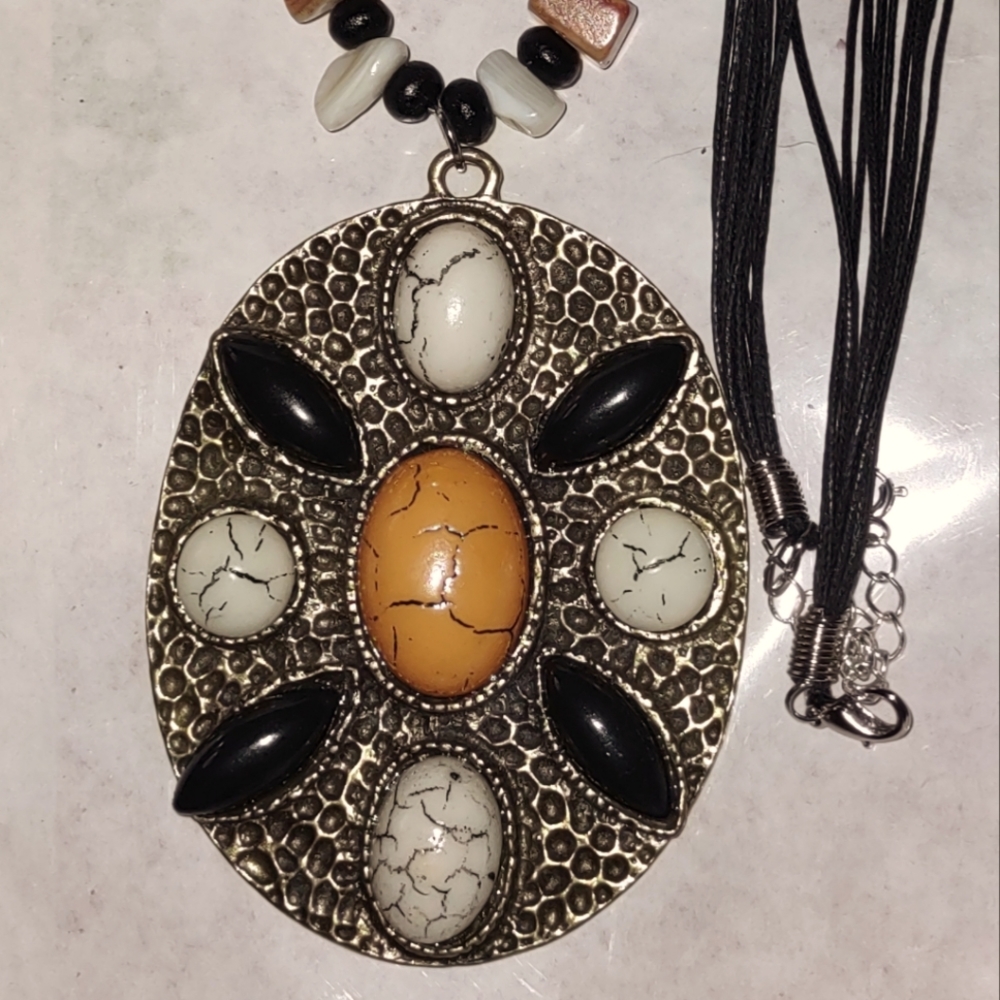 Orange, Black & White Stones Southwest Style Pendant & Cord Necklace